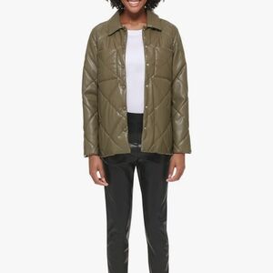 Calvin Klein Women's Faux Leather Button Front Quilted Jacket  small olive Green